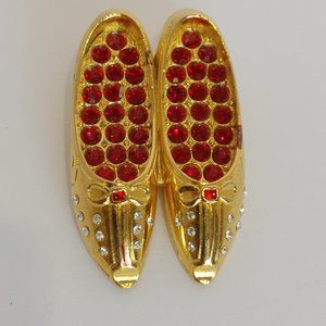 Vintage Gold Tone Shoes Brooch Pin- Red & Clear Rhinestones - Signed Berebi
